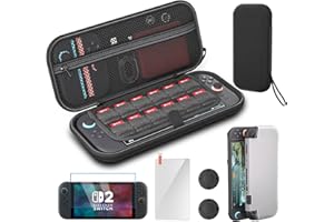 NANANINO Switch 2 Carrying Case with Silicone Protective Cover – Includes 2 Glass Screen Protectors & 2 Thumb Grip Caps, Travel Storage Bag for Switch 2 Accessories