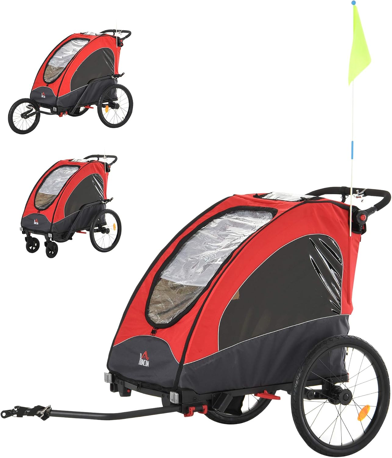 HOMCOM Remolque Infantil 3en1 para Bicicleta Carro de 2 Plazas para Niños de +6 Meses Plegable Ruedas Giratorias y Manillar Ajustable 150x85x107 cm