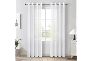 Topfinel Rideau Voilage Blanc 140x225cm Rideaux Voilages Salon Fenetre Intérieurs Effet Lin Transparent d'Oeillets Panneaux de Rideau Voile et Draperies pour Porte Cuisine Chambre Enfant, 2 Pièces