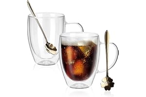 JNSMFC Doppelmauerte Glas Kaffeetassen mit 2 Löffel, 350 ml Set von 2 isolierten Glaskaffeetassen mit Griff, klare Kaffeetassen für Cappuccino, Espresso, Latte, Tee, hitzebeständige Brille zum Trinken