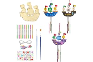 MisFun 10 Stück Piratenschiffe Windspiel Bastelset, Holz Piratenschiff Bastelset, DIY Bastelset Holz Windspiel, Piratenschiffe aus Holz Handwerk für DIY Malen Geburtstagsdeko Party Hochzeiten