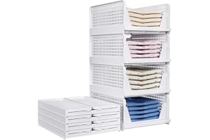 TidyIsles 8 Pack Plastic Folding Closet Stackable Storage Basket Closet Storage White