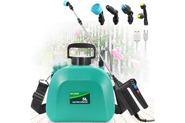 SYLSTAR Pulverisateur Electrique 5L, 7.4V Puissant Pulverisateur de Jardin avec 4 Jet Réglable, 3 Vitesses Pulvérisateur à Batterie Rechargeable avec Canne Telescopique pour Arrosage Désherbage (Vert)