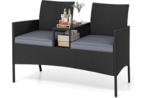 COSTWAY Salon de Jardin 2 Places avec Table Intégrée, Banc de Conversation en Rotin avec Plateau en Verre Trempé et Coussins Doux, pour Jardin Balcon Patio, 62 x 124 x 84 cm (Coussin Gris)