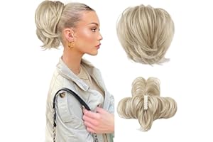 REECHO Messy Bun Hair Piece - Claw Clip Short Ponytail Extension with Bendable Metal Wire Fake Bun Hair Pieces for Women - Medium Blonde with Pale Highlights