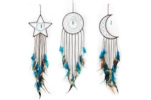 Jetec 3 Piezas Atrapasueños con Diseño de Luna Sol Estrella Tradicional Hecho a Mano para Colgar en Pared Dormitorio Decoración Hogar (Azul Oscuro)