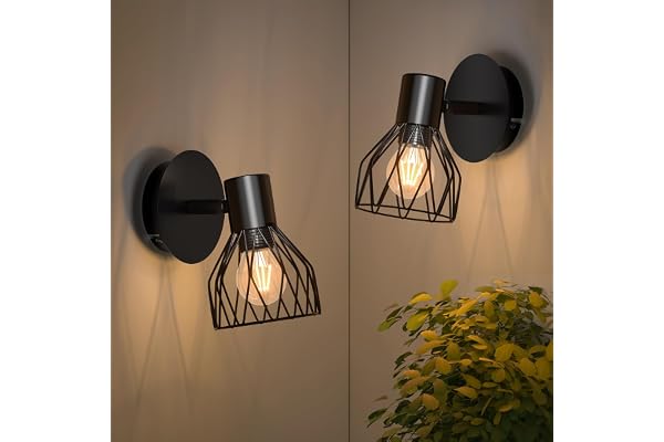 Kimjo Applique Murale Interieur, Vintage Lampe Murale douille E14, Orientable 350° & Pivotant 90° Spot Mural, 40W Max. Industrielle Appliques Noir pour Salons, Chambres, Couloir, Escaliers, Lot de 2