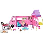 Barbie'nin R&uuml;ya Karavanı oyun seti, Tavan &ccedil;adırı, salıncağı, balık tutulan g&ouml;leti, renk değişimi &ouml;zellikli barbek&uuml;s&uuml; ve hamur