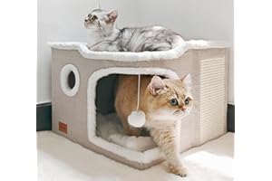 Spindro Grand lit pour Chat d'intérieur, Niche Pliable pour Chat, Maison Cube avec Tapis à griffer, Lit Moderne pour Chien avec Coussin Doux Lavable, 43x43x33cm,Beige