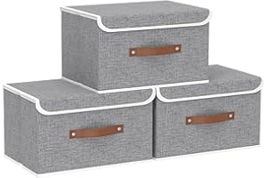 Yawinhe 3 Pcs Cajas de Almacenaje con Tapa, Almacenamiento de Ropa, Plegables, Organizador Armario, para Dormitorios, Gris, 33x23x20cm, SNK018GY-S