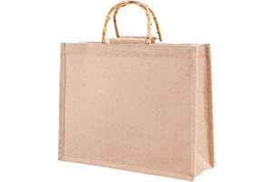 Phantasy® Borsa Juta naturale con manico in bambù artistico,Borsa iuta naturale impermiabile, borsa da donna in juta da rivestire,Borsa per la Spesa portatile,borsa mare spiaggia