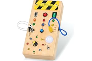 SHIRYLZEE Montessori Busy Board, Tablero de Actividades con 15 Luz LED e 8 Interruptor, Juegos de Madera Niños de 1 2 3 año Juguetes de Viaje Juguete Educativo Sensorial para Bebés 1 2 3 4 5 Años Regalo
