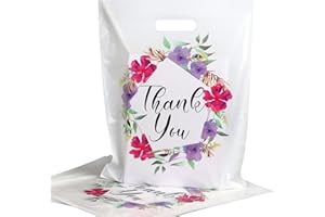 POPGIFTU Lot de 50 Sac Plastique Fleuris, Thank You Sachet avec Poignées 30 x 38cm, Sac Emballage Cadeau pour Invites Mariage Anniversaire, Sacs de Transport Marchandise pour la vente au détail, les magasins