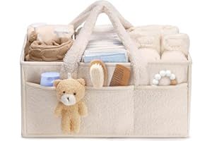 Tuocal Wickeltisch Organizer, Baby Windel Caddy Organizer Korb mit Fächern & Griffen, Tragbarer Baby Aufbewahrungskorb für Windeln und Feuchttüche, Geschenk für Babyparty, Beige