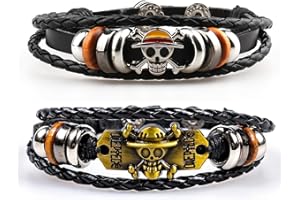 NHPY 2 Pièces Bracelet One Piece, One Piece Bracelet Enfant, Bracelet Style Rétro Unisexe Avec Accessoires En Forme De Crâne Jolly Roger Et En Cuir Tressé Joli Cadeau(2Forme)
