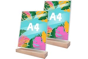 Primasage 2 Piezas Soporte Letreros Acrílico A4 Transparente Expositor Metacrilato A4 con Base de Madera Forma de t Soporte de Letrero para Oficinas, Restaurantes, Tiendas, Hoteles