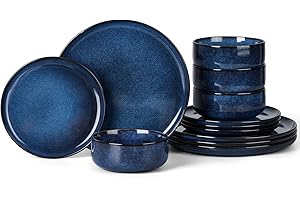 Onader 12 Piece Dinner Set, Reactive Glaze Stoneware Dinnerware for 4 People, Elegant Plates and Bowls Sets for Kitchen Christmas, Scratch Resistant, Microwave & Dishwasher Safe - Midnight Blue