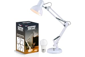 Powatron Adjustable Desk Lamp with UK Plug & E27 Bulb Included – Flexible Metal Arm, Rotatable Head, 150° Adjustable Design, On/Off Switch & 1.5m Cord – Office, Study, Bedroom (White)