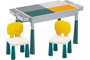Florappy Adjustable Height Multifunction Table with 2 Chairs, 4 Storage Boxes - Compatible with Various Building Blocks, Including LEGO (2 chairs)