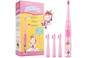 Vekkia Sonic Rechargeable Kids Electric Toothbrush, 3 Modes with Memory, Fun & Easy Cleaning, 24000 Strokes, IPX7 Waterproof, 2-Min Timer for Age 5+, 4 Soft Bristles(Pink)