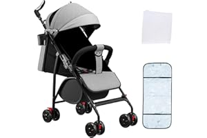 OHMG Passeggino per bambini da 0 a 4 anni, 0 a 22 kg, 3 posizioni di riposo, posizione piatta, pieghevole, con tracolla, imbracatura a 5 punti, cestino, freno a pedale