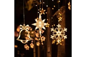 QTUIE Tenda Luminosa Natale 3Pcs Luci Natale Decorazioni Luci di Natale Tende Stella Fiocco di Neve Luci Natalizie Interno Decorazioni Luminose Natale Addobbi di Natale per la Casa Finestra Giardino