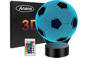 Anano 3D Illusion Football Lights Lamp, Kids Night Light Soccer Desk Table Lamp, 16 Colors Change with Remote Control, Birthday Christmas Valentine's Day Gift for Football Fans (Black Base)