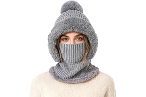 TAGVO Gorro de Punto Invierno Mujeres, Invierno Cálido Gorro De Punto y Calentador De Cuello, Pasamontañas Térmico Invierno de Viento con Mascarilla, Forro Suave y Grueso para Al Aire Libre