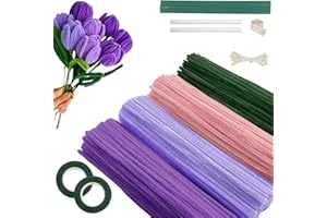 EUAKEE 400PCS Pipe Cleaners Violet Chenille, Cure Pipe pour Fleurs Tulipes, avec 20 Tiges Artificielles, 2 Rouleaux Ruban Fleuriste & Étamines Fournitures DIY pour Bouquets et Décoration (Violet)