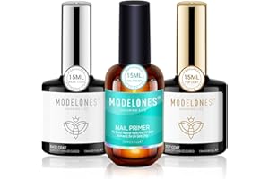 Modelones Nail Primer with Gel Top Coat and Base Coat, 3Pcs 15ml Acid Free Nail Bond Primer and No Wipe Base Top Coat Gel Nail Polish Set, New Upgraded Formula Long-Lasting Gel Nail kit