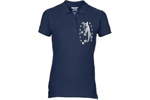 STREETMERCH Free P&P Equestrian Equine Horse Riding Ladies Polo Shirt Horse Silhouette Head Stars & Heart Glitter Colour Variations