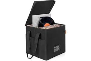 BQKOZFIN 12 Inch Vinyl Record Storage Bag with Lids & Handles, Album Storage Box Holds up 100+ Single Records, Collapsible LP Record Organizer Crate Protect Your Precious Album Collection (Medium)