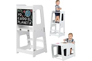 KYWAI® Torre de Aprendizaje Plegable de Madera Premium, Torre Aprendizaje 3 en 1 Convertible en Mesa y Silla – Empresa Comprometida con la Reforestación, Desde 1 Año, Escalón Ajustable (Blanco)