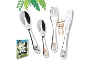 Koru Kids® Sztućce dziecięce Wildlife – 4-częściowy zestaw – ze stali nierdzewnej – sztućce do nauki jedzenia – nadają się do mycia w zmywarce – sztućce dla dzieci od 3 lat