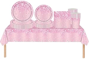 COSORO Set da tavola in plastica, 69 pezzi, rosa confetto, con brillantini, tovaglia, piatti di carta, tovaglioli e bicchieri, set di stoviglie usa e getta per ragazze, compleanno, matrimonio, baby shower,