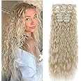Gairyan Clip in Hair Extensions Curly Wavy Long Hair Pieces 6PCS Full Head Synthetic Hair Extension Thick Natural Look for Women, 20 Inches 140g, Platinum Blonde