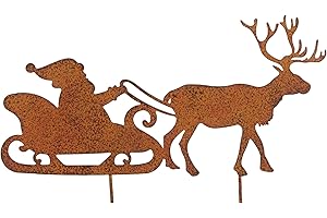‎STORM'S GARTENZAUBEREIEN Storm's Gartenzaubereien Gartenstecker Weihnachtsmann Schlitten mit Rentier in Rostoptik für die Weihnachtsdeko 25cm