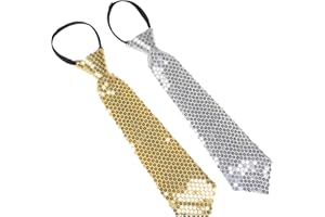 NiceYnn 2pcs Sequined Zipper Ties for Men, Glitter Sparkly Paillette Adjustable Pre-Tied Zip Necktie, Shinning Sequins Dance Party Magic Show Stage Performance Costume Tie