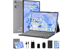 DGHRTI 2025 Tablet 10 pollici Android 14, 22GB RAM 128GB ROM/TF 1TB, Processore Octa-Core, 8000mAh, Corpo in Metallo, BT5.0, Doppio WiFi, 8MP+5MP, Widevine L1, Tastiera, Mouse, Gray