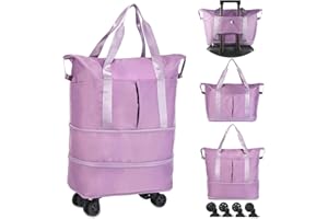 VOOWO Torba podróżna na kółkach, rozszerzalna składana torba sportowa z kółkami do podróży, bagaż podręczny, torba podróżna na kółkach, duża torba weekendowa, dla kobiet i mężczyzn, Fioletowy,