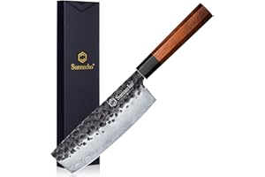 Sunnecko Coltello Verdure Nakiri Giapponese Stile - Coltelli da Cucina Professionali 18cm in Acciaio Inossidabile Forgiato, Coltello Cucina Martellato Vintage, Manico in Legno