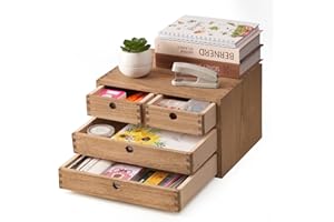 KIRIGEN Cajas de Madera para cajones Planos de Archivos, Cajas de Almacenamiento con Compartimentos, Montaje sin Herramientas 3 Niveles/4 cajones Color marrón