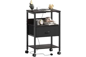 Lutown-Teen Comodini con Prese e Porte USB, Tavolino per Camera da Letto con 4 Ruote, Comodino con 2 Scomparti Aperti e Cassetti in Tessuto, per Soggiorno, Cameretta, Nero