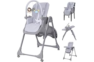 EZEBABY Chaise Haute Bébé Evolutive, 4 en 1 Pliable Inclinable en Transat bebe avec Barre de Jeux, Chaise enfant réglable en hauteur sur 7 niveaux, avec rehausseur, Gris