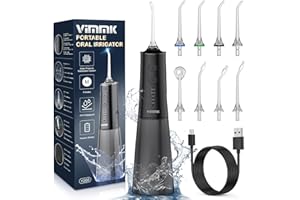 Irrigateur buccal portable, Vimmk Irrigateur dentaire sans fil professionnel 8 buses 5 modes, IPX7 étanche 300ML USB-C Rechargeable pour le nettoyage des dents, pour la maison et les voyages (Noir)