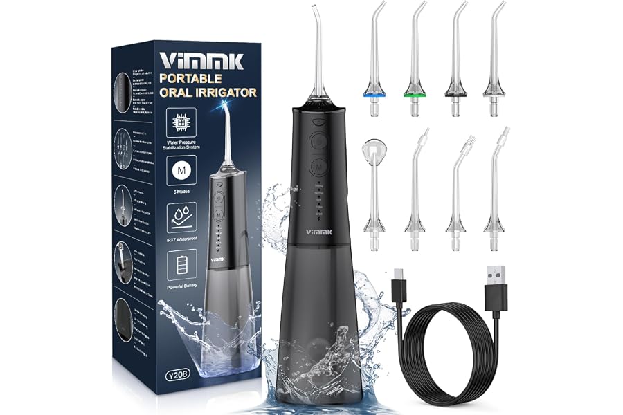 Irrigador Bucal Portatil, Vimmk Irrigador Dental Inalámbrico Profesional 8 Boquillas 5 Modos, IPX7 Impermeable 300ML USB-C Re