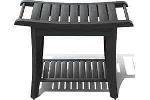 ZHUOYUE Bamboo Shower Stool Bench Waterproof with Storage Shelf for Shaving Legs or Spa Bath Seat in Bathroom & Inside Shower for Adults Seniors Elderly (24 x 13.4 x 18.5 inches+Black)