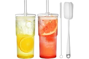 ALINK Lot de 2 gobelets à eau en verre transparent à rayures avec couvercle et paille, verres cannelés, verres à long drink, verres à thé, café glacé, verres à jus (570 ml)