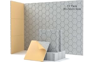 12 Stück Akustikplatten Selbstkleben, Schallabsorber, 30x30x0.9cm, Schalldämmung Wand tür Decken, Akustikpaneele für Gaming Deko, Büros, Studios, Schallschutzplatten (Silber Grau)
