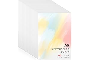 IXYDOR 80 Hojas de Papel para Acuarela A5, Papel para Acuarela 300 g/m², Papel Acuarela Versátil, Watercolor Paper para Acuarela, Gouache, Acrílico, Dibujo Artístico, Obras de Arte (21,1 x 14,7cm)